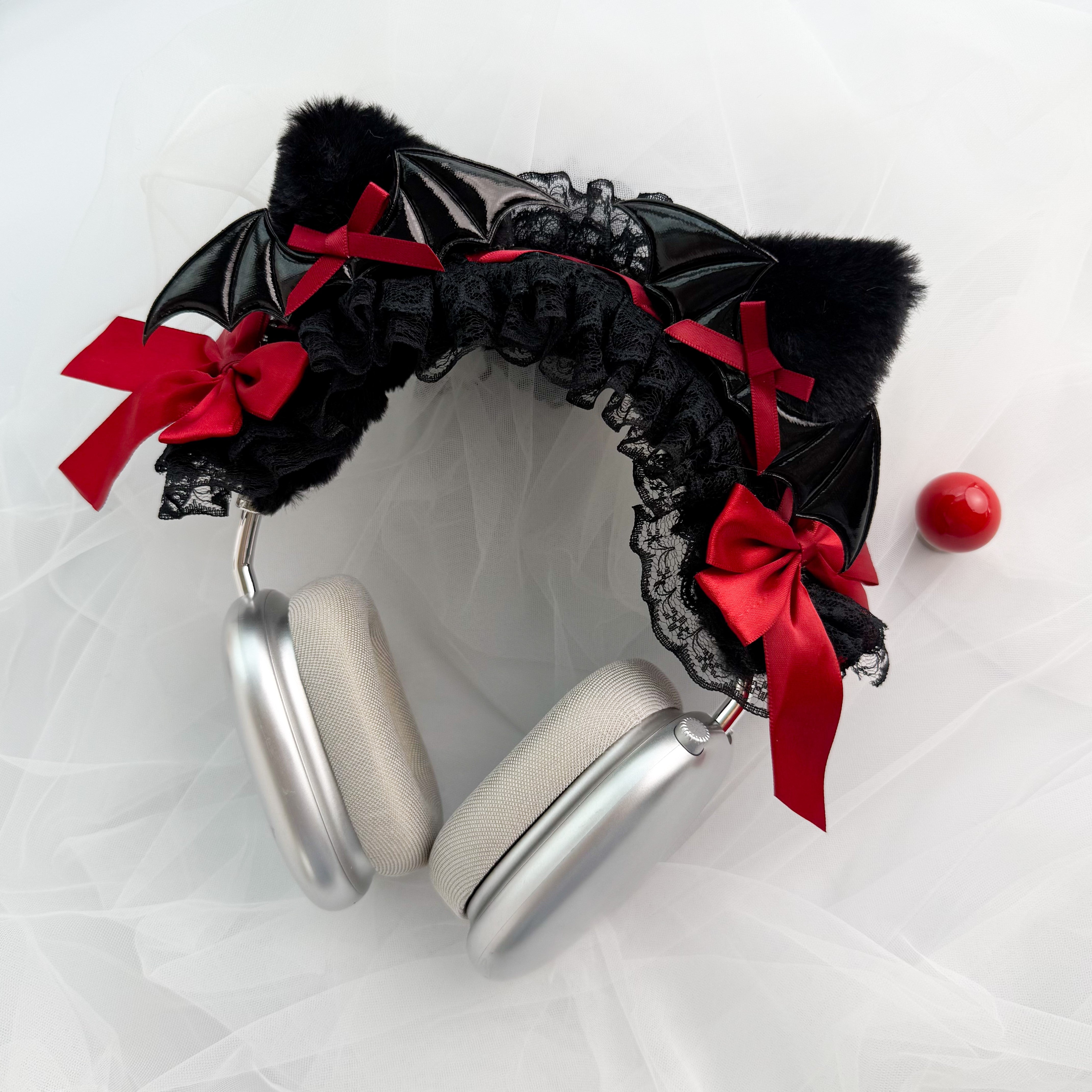 Handmade Gothic Bat Wing Headphone Cover with Red Satin Bows