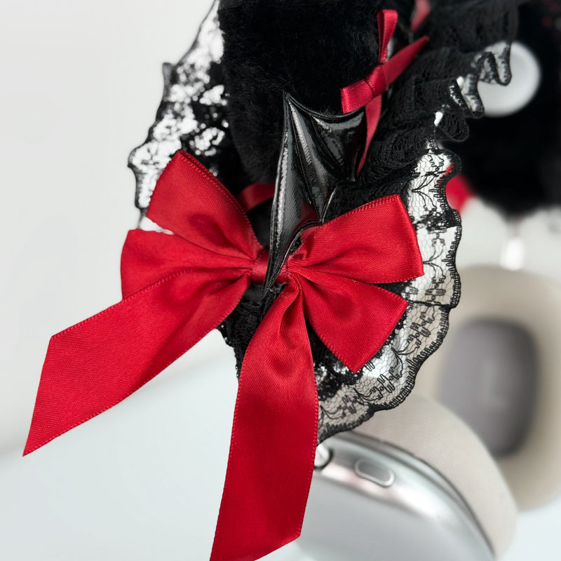 Handmade Gothic Bat Wing Headphone Cover with Red Satin Bows