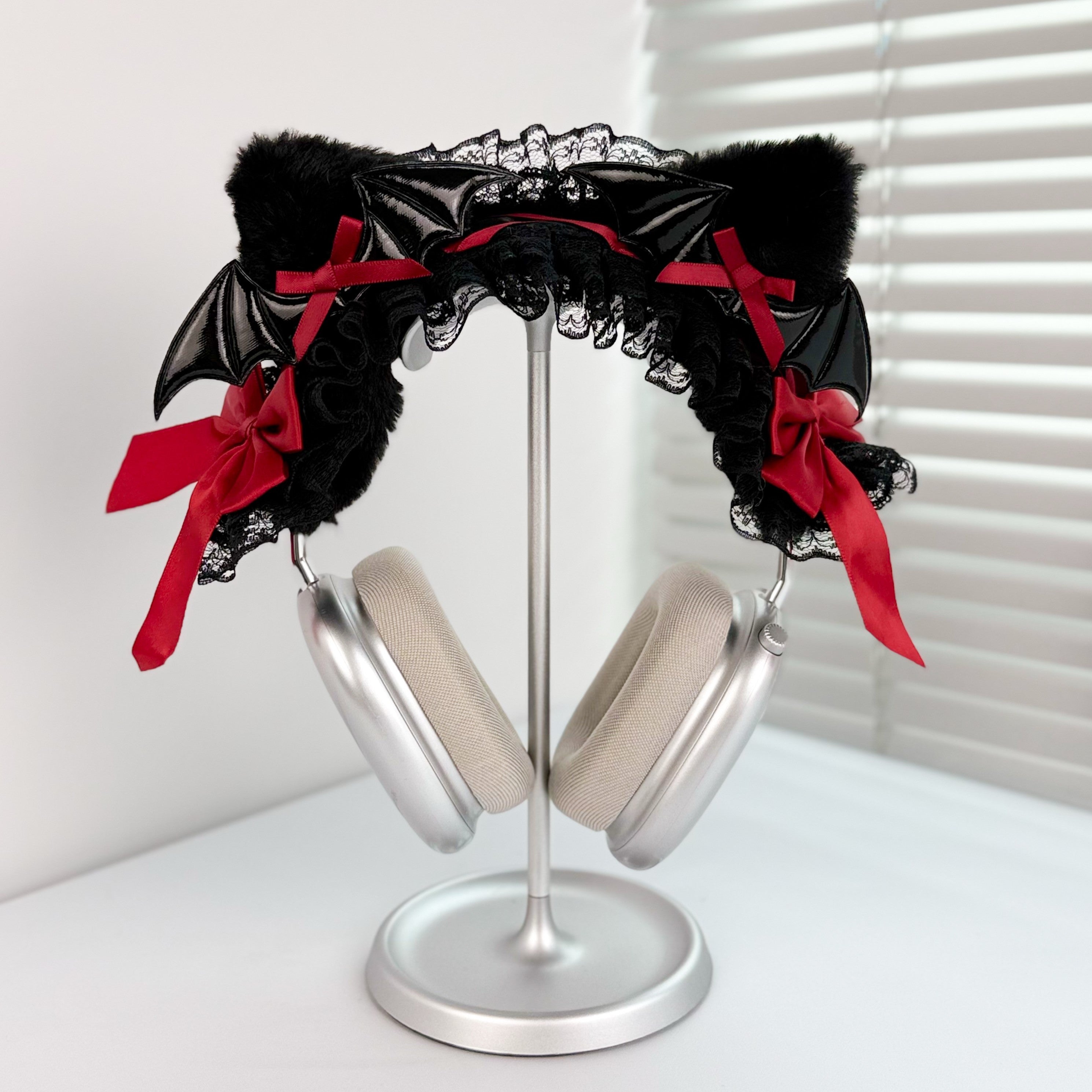 Handmade Gothic Bat Wing Headphone Cover with Red Satin Bows