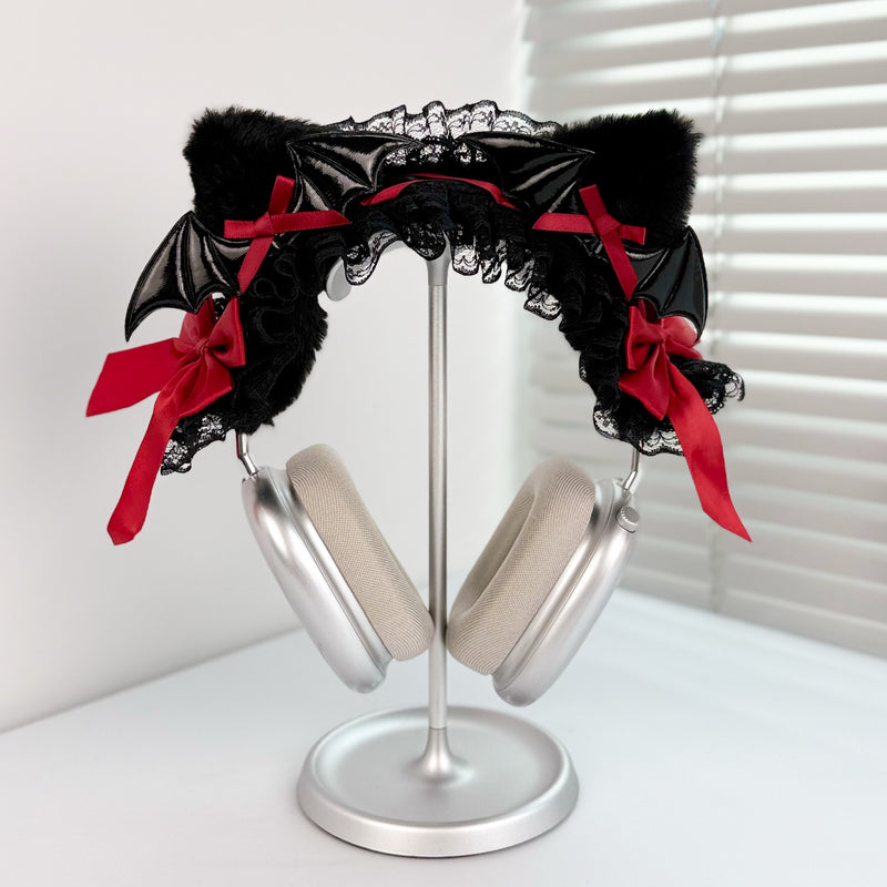 Handmade Gothic Bat Wing Headphone Cover with Red Satin Bows