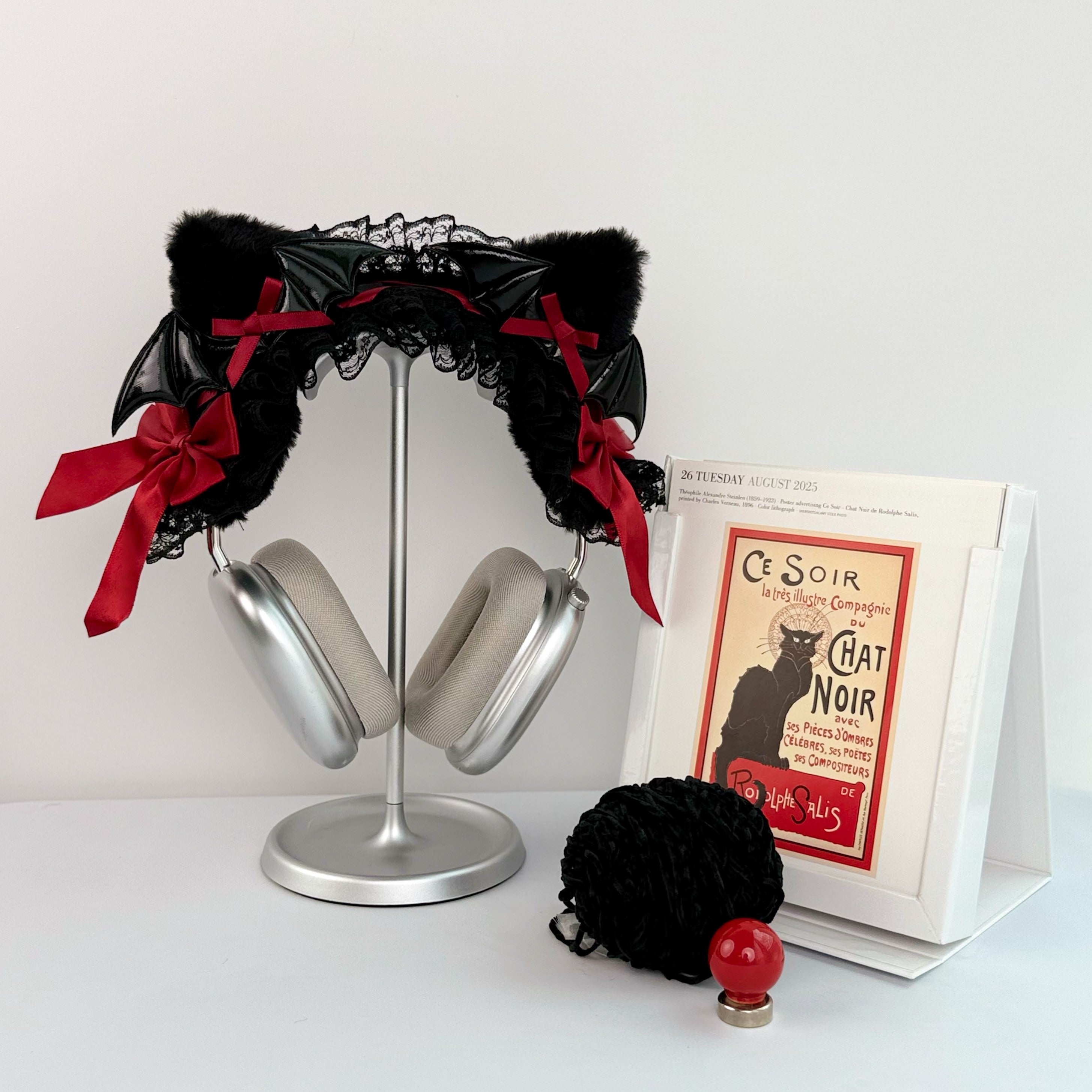 Handmade Gothic Bat Wing Headphone Cover with Red Satin Bows