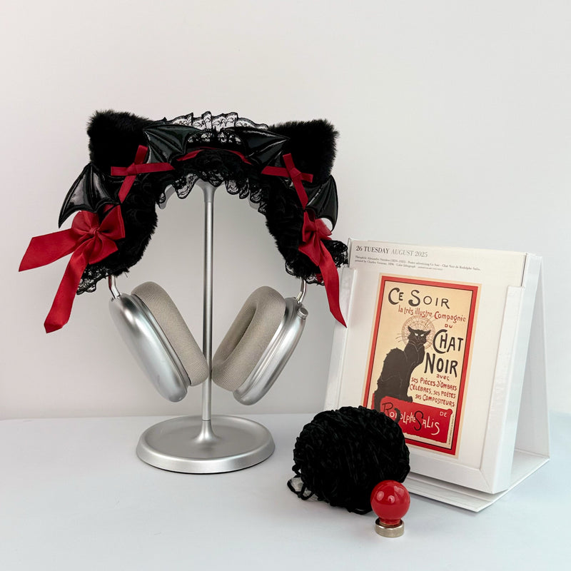 Handmade Gothic Bat Wing Headphone Cover with Red Satin Bows
