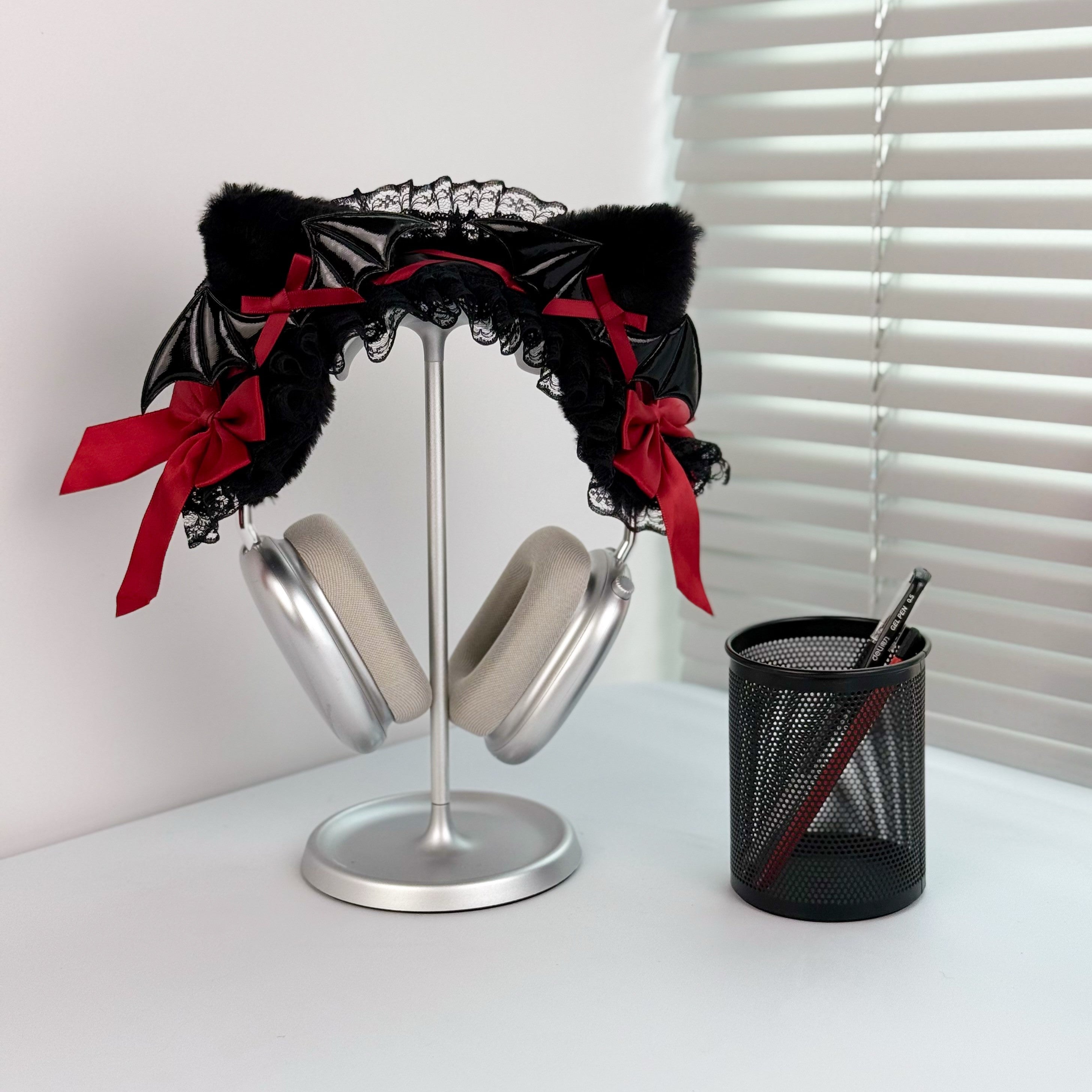 Handmade Gothic Bat Wing Headphone Cover with Red Satin Bows