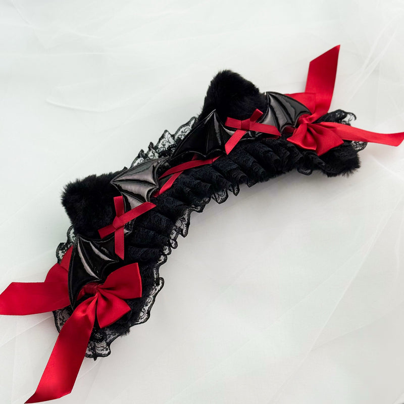 Handmade Gothic Bat Wing Headphone Cover with Red Satin Bows