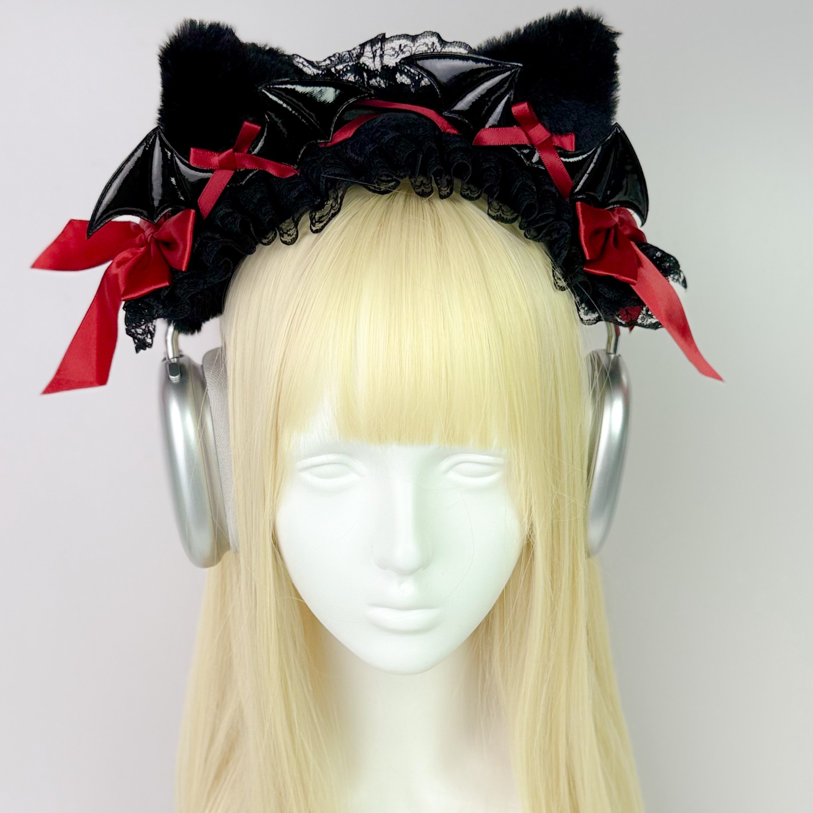 Handmade Gothic Bat Wing Headphone Cover with Red Satin Bows