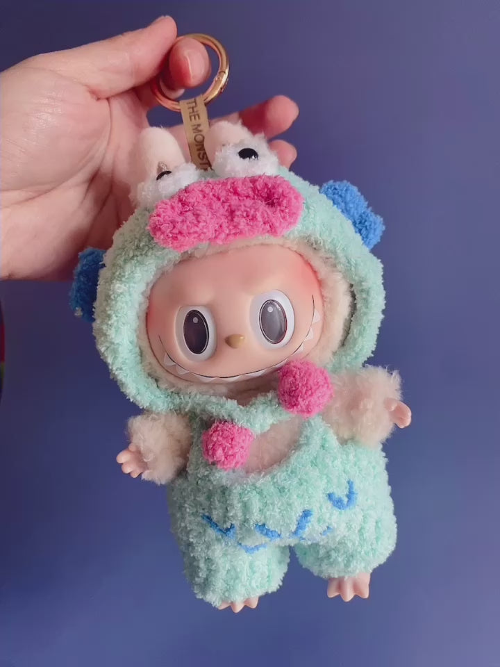 Whimsical Labubu Plush Outfit: Pastel Mint & Pom-Pom Hood for POP MART Blind Box Collectibles - Video 1