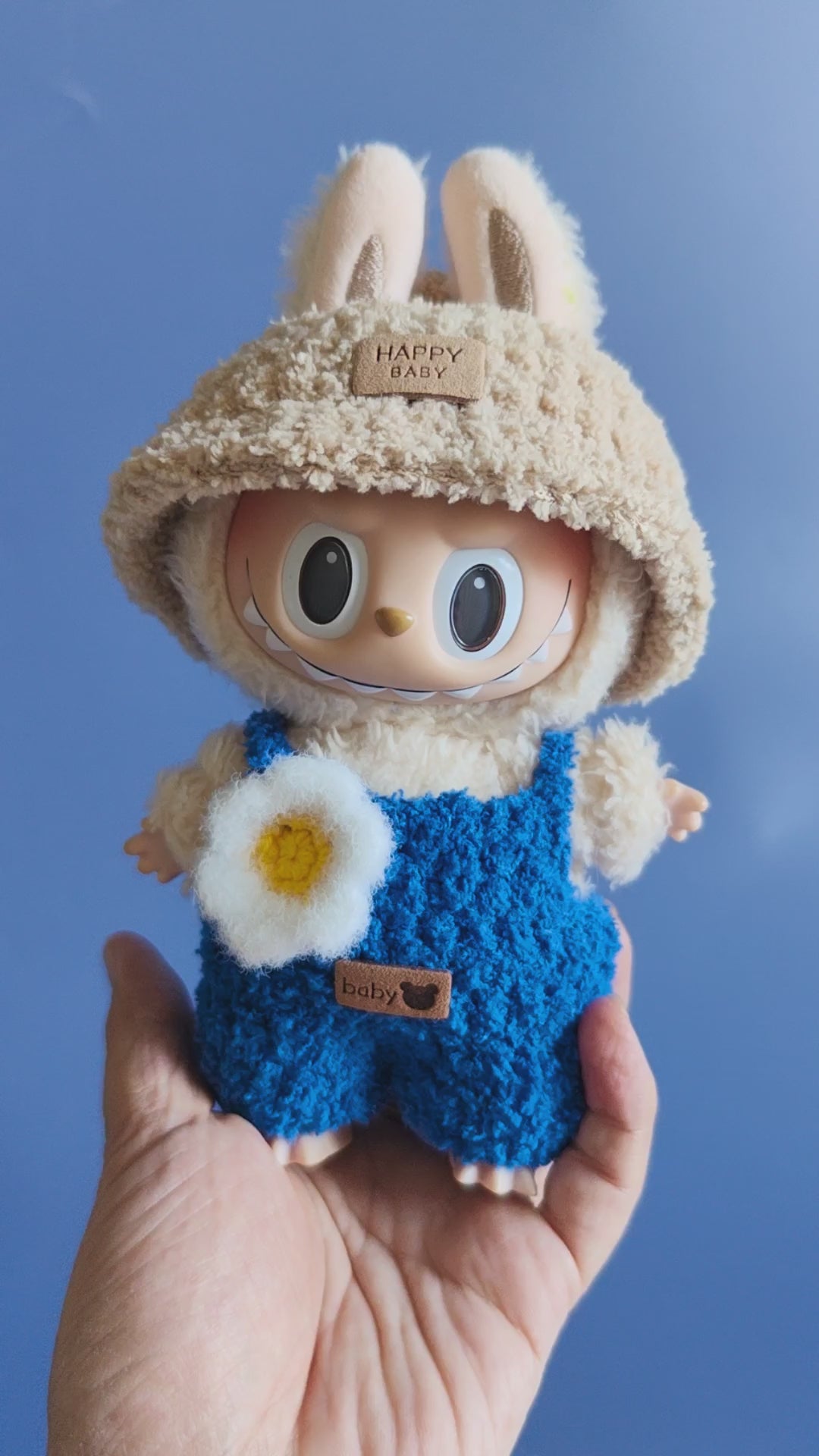 Cozy Bunny Labubu Doll Outfit – Plush Hat & Egg-Print Jumpsuit for Whimsical Play & Collecting - Video 1