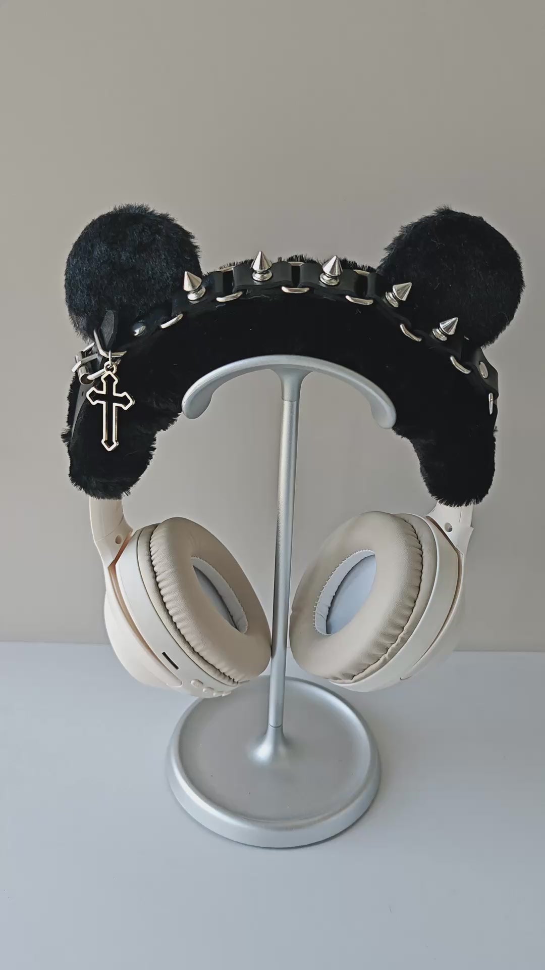 Gothic Black Plush Headphone Cover with Spikes and Cross Charm