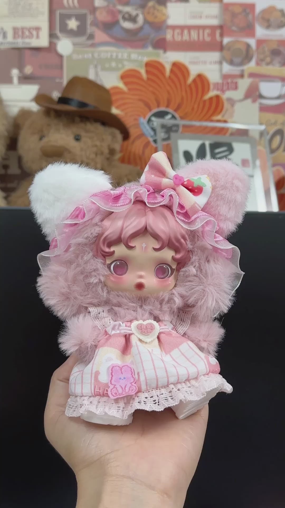 Charming Skullpanda Doll Outfit: Pink Plush Coat & Skirt Set with Playful Details - Video 1
