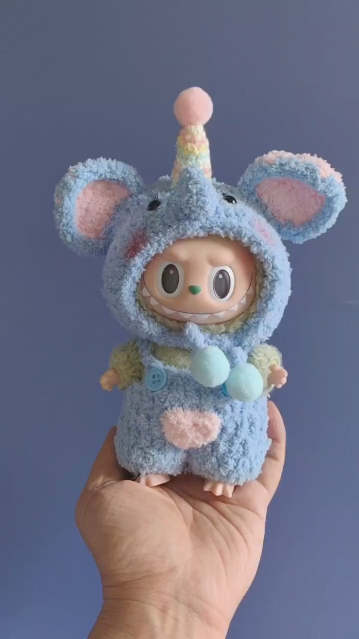 Whimsical Labubu Doll Outfit – Plush Hat & Pants Set with Unicorn Horn | Pastel Blue & Pink - Video 1