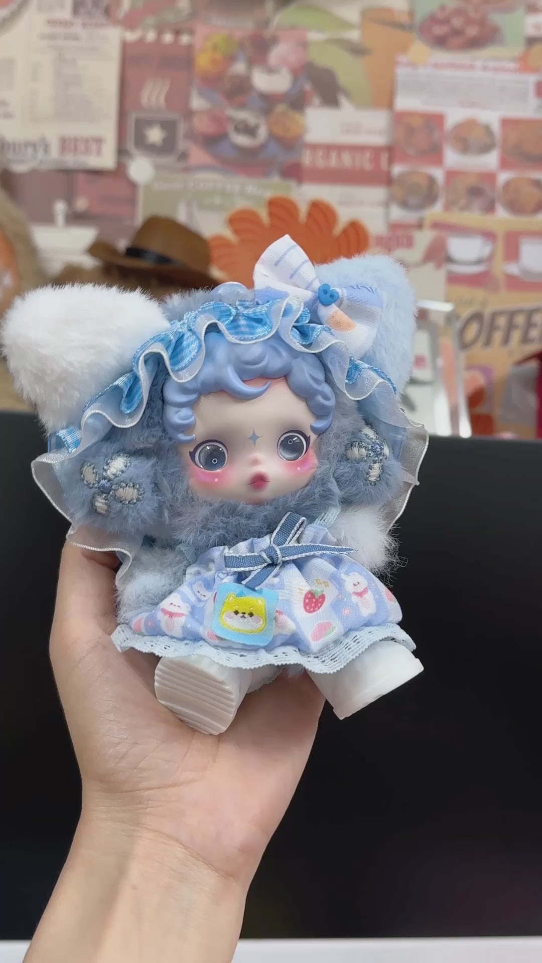 Charming Skullpanda Doll Outfit – Pastel Blue & White Lace Skirt with Strawberry Print | Adjustable & Detachable - Video 1