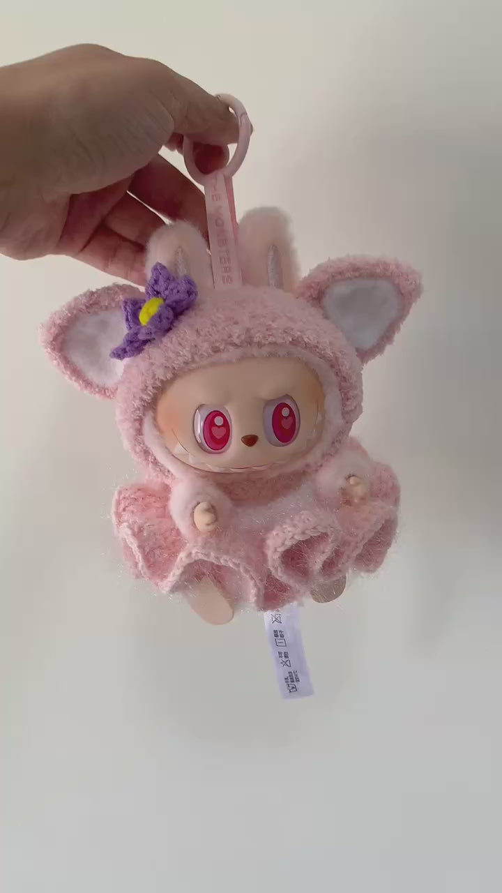 Whimsical Labubu Outfit: Soft Pink Dress & Purple Flower Hat – Handcrafted Plush Perfection - Video 1