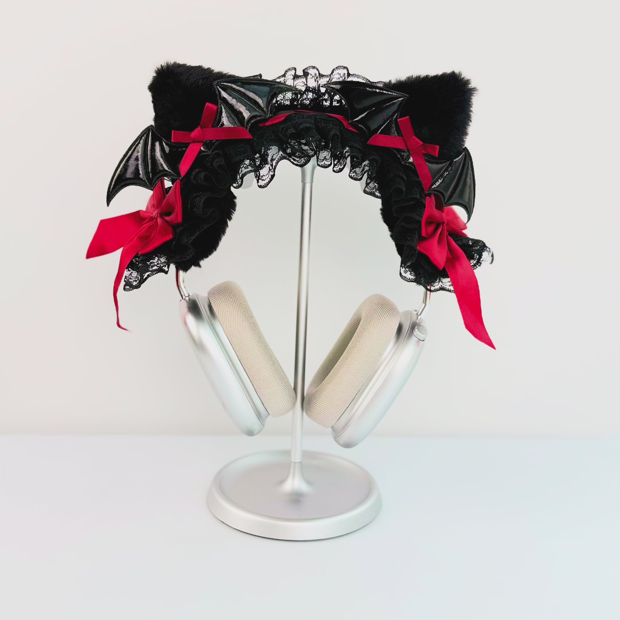 Handmade Gothic Bat Wing Headphone Cover with Red Satin Bows
