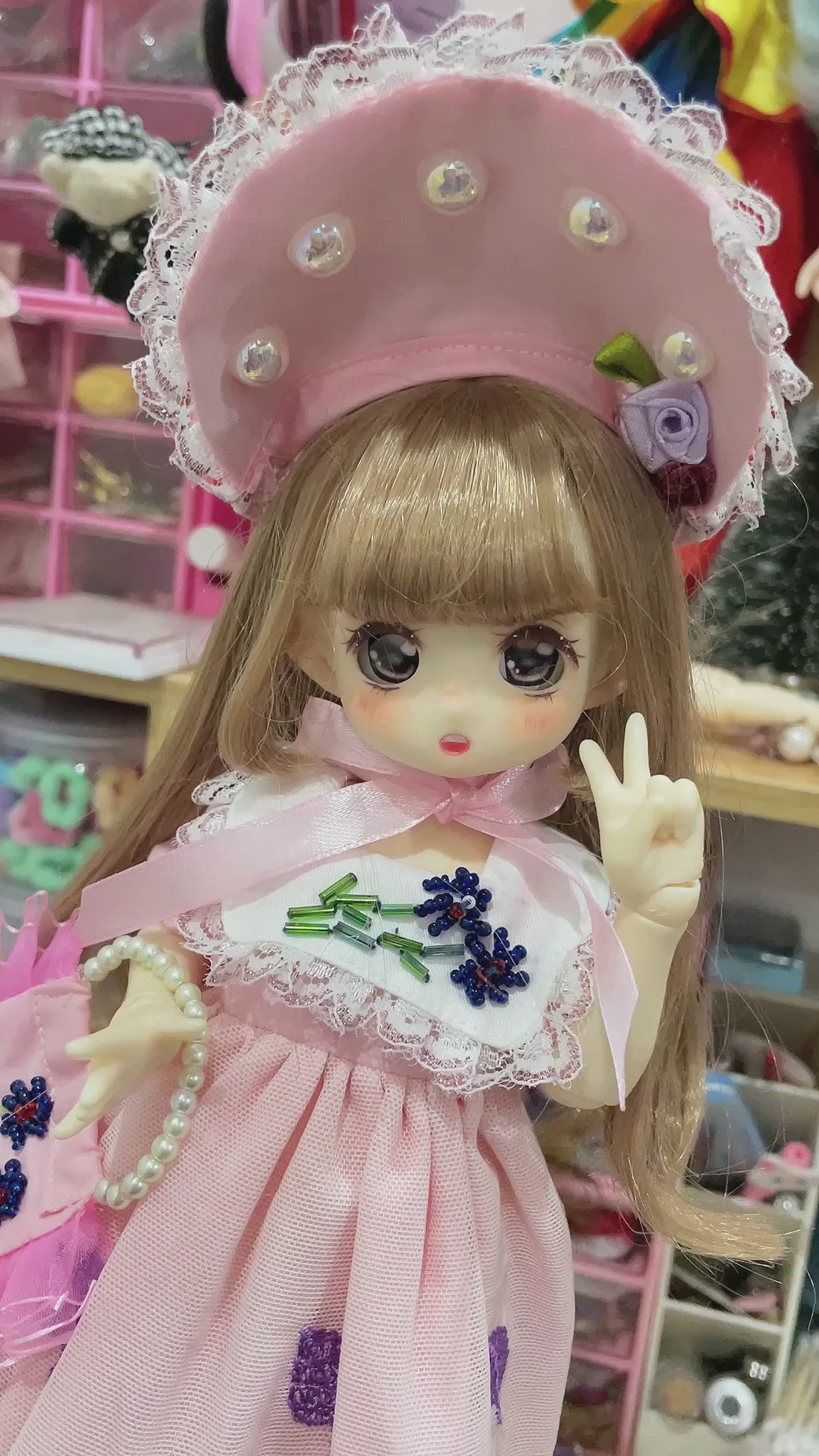 Charming Pink Blythe Doll Outfit for 6-Inch BJD - Elegant Dress, Headpiece & Handbag Set - High-Quality Cotton & Lace Details - Video 1