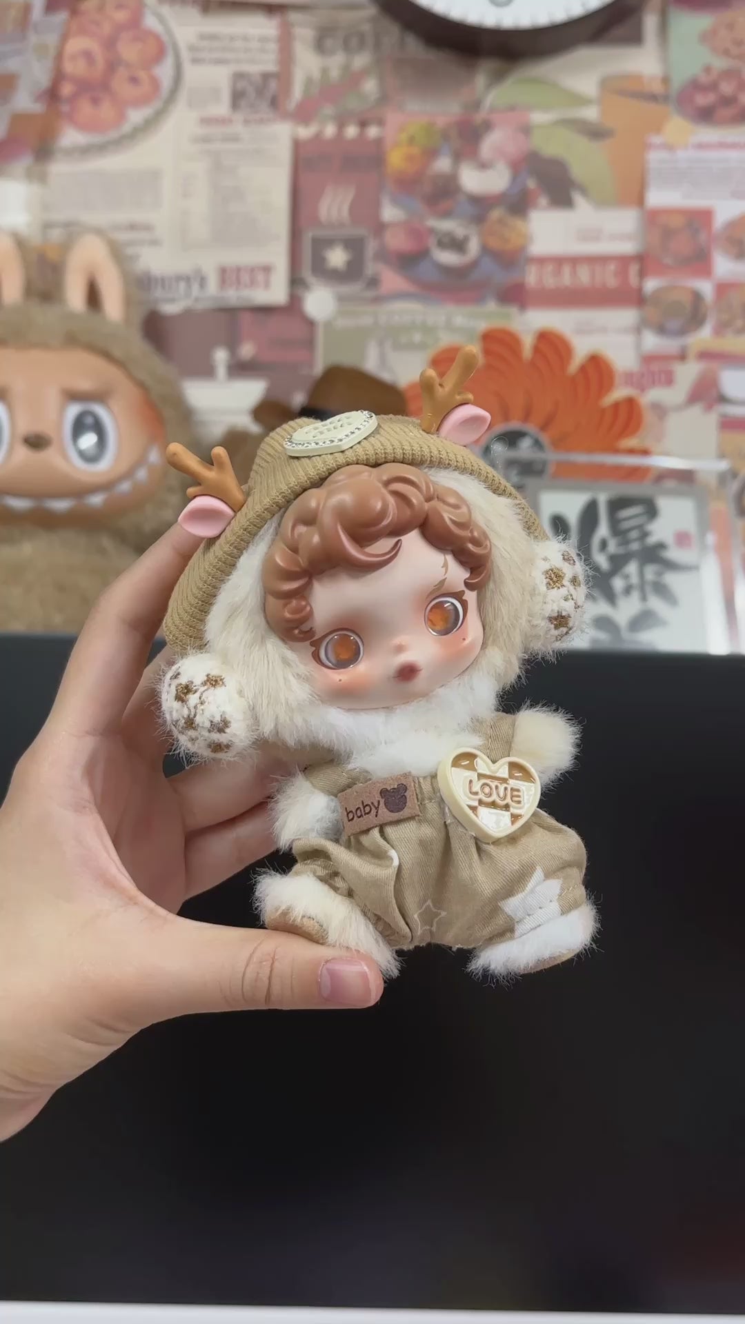 Adorable Skullpanda Doll Outfit – Plush Hat & Overalls with Playful Patterns, Premium Collectible Fashion - Video 1