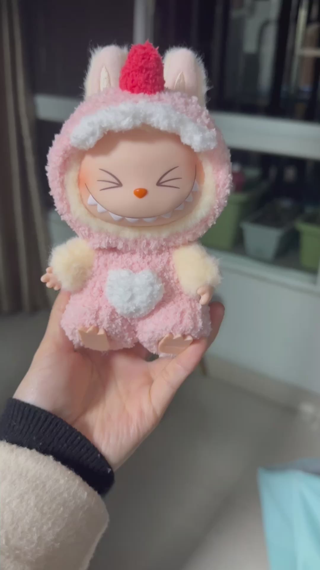 Whimsical Dinosaur Outfit for Labubu – Pastel Pink Hat & Overalls, Collector’s Dream - Video 1